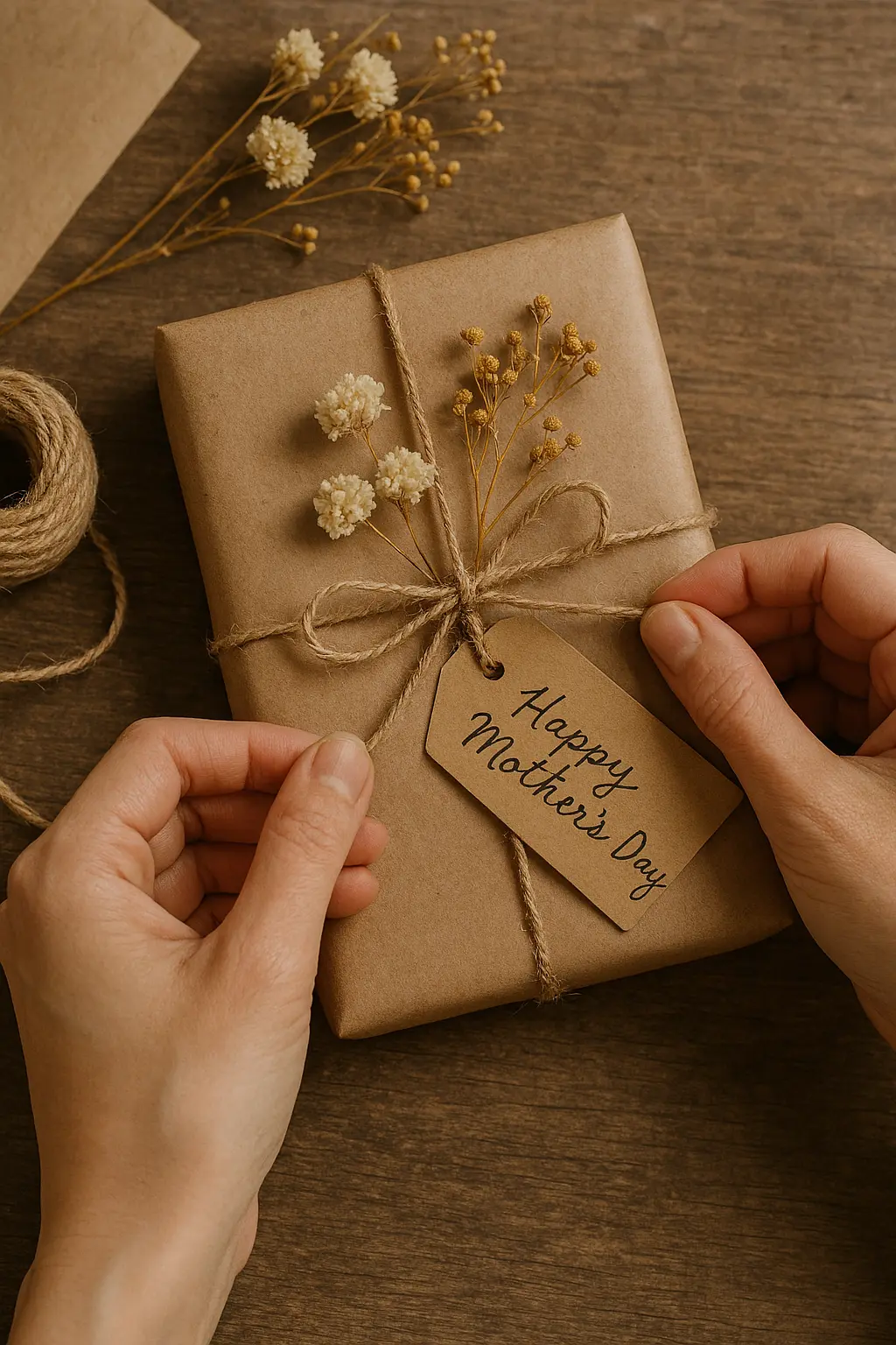Handen die een gepersonaliseerd cadeau inpakken met droogbloemen