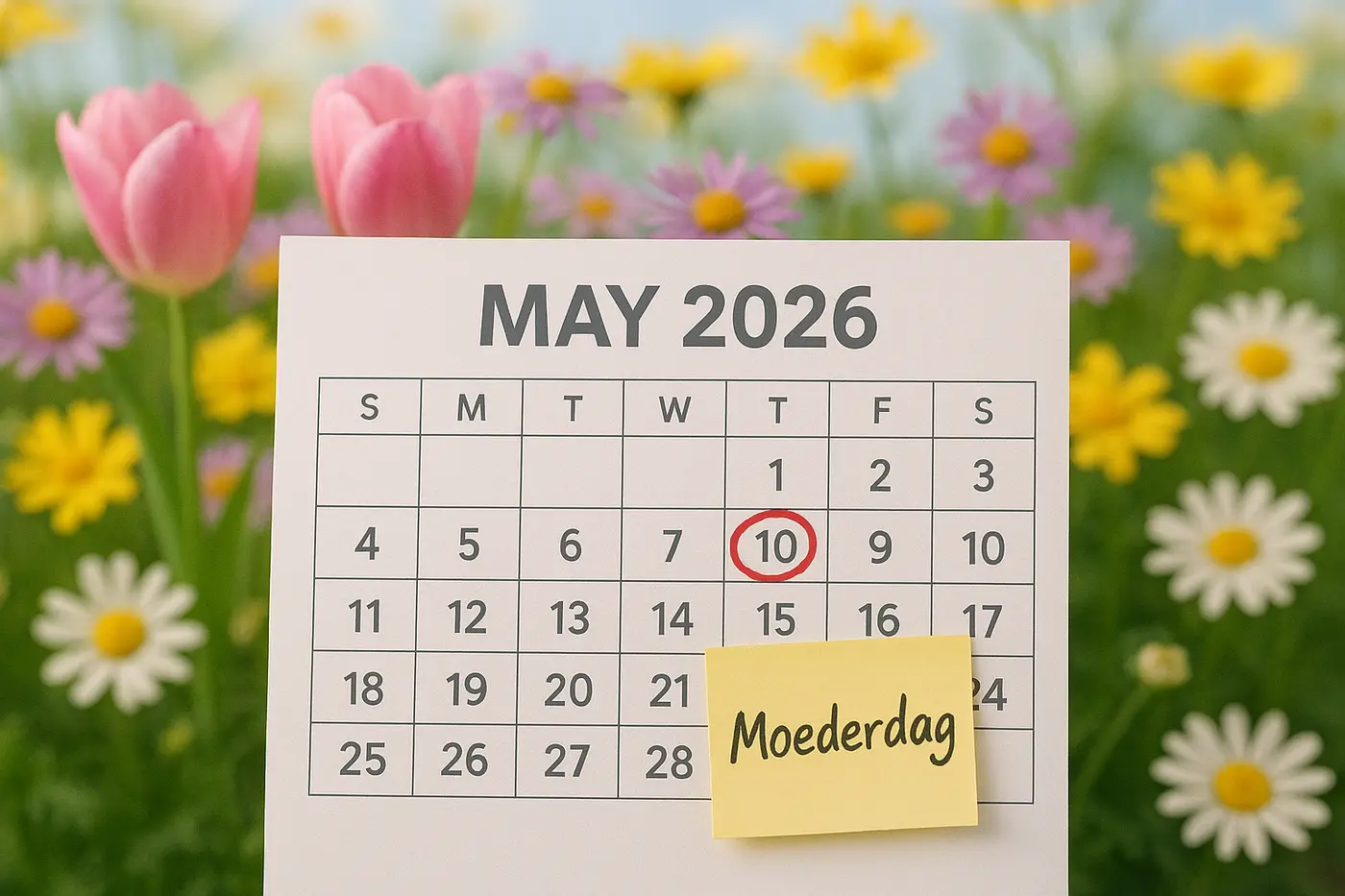 Kalender mei 2026 met moederdag 10 mei gemarkeerd