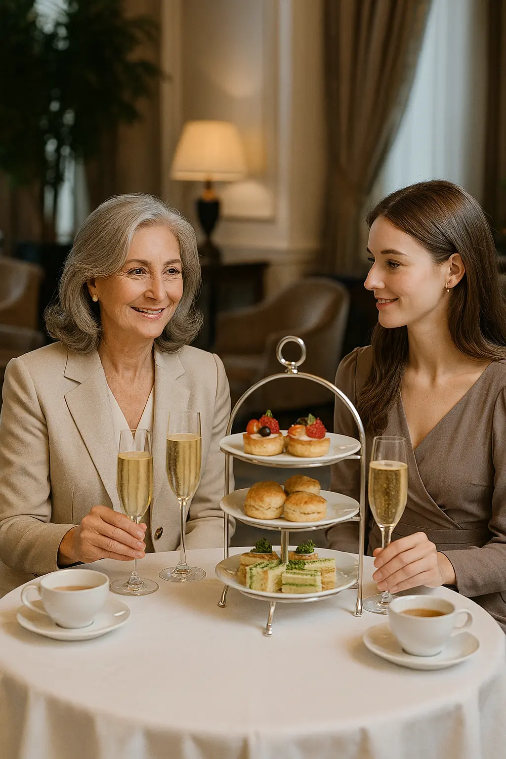 Moeder en dochter genieten van high tea in hotel
