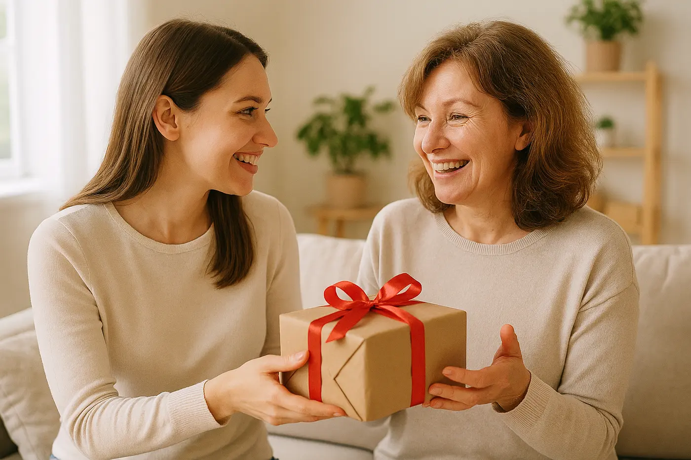 Moeder ontvangt ingepakt cadeau van dochter in lichte woonkamer