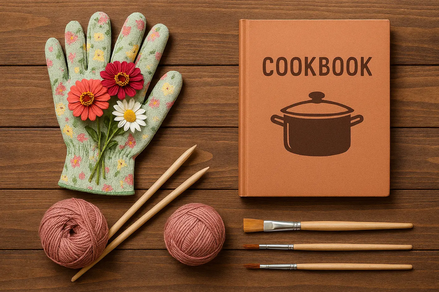 Verzameling hobby cadeaus voor moederdag: tuinieren, koken, breien en schilderen